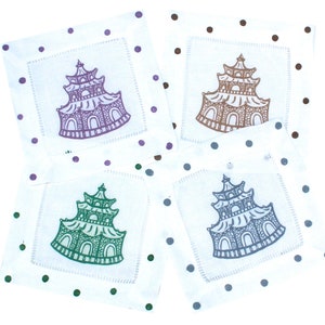 Fall Color Chinoiserie Pagoda Linen Cocktail Napkins Multi Color Hostess Gift