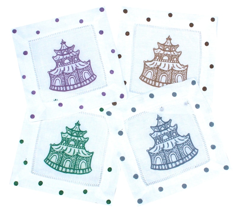 Lemondaisy Design Chinoiserie Pagoda Linen Cocktail Napkins - Thumbnail 3