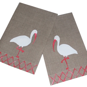 Tropical Bird White Ibis Linen Guest Towel Set Coastal Decor