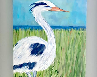 Great Blue Heron Original Acrylic Canvas Beach Art