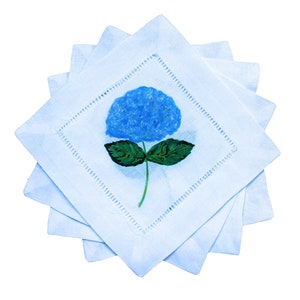 Blue Hydrangea Flower Linen Cocktail Napkins