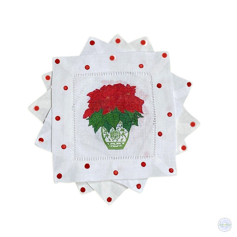 Christmas Chinoiserie Poinsettia Holiday Cocktail Napkins - Thumbnail 2
