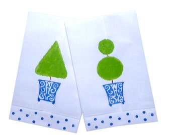 Blue and White Topiary Linen Tea Towel Set