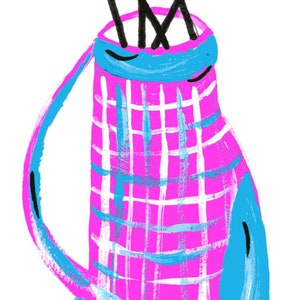 May include: A pink and blue plaid golf bag with four green golf clubs sticking out of the top.