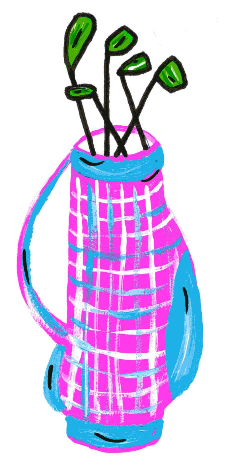 May include: A pink and blue plaid golf bag with four green golf clubs sticking out of the top.