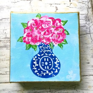 Chinoiserie Vase of Pink Roses Mini Canvas Original Art