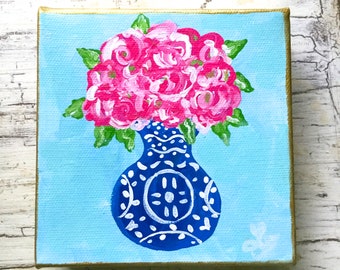 Vase Chinoiserie de Roses Roses Mini Toile Art Original