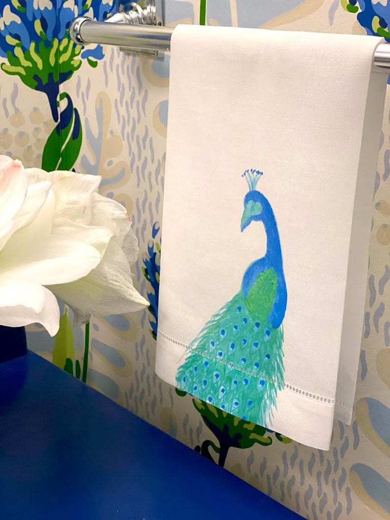 Colorful Peacock Linen Guest Towel - Thumbnail 3