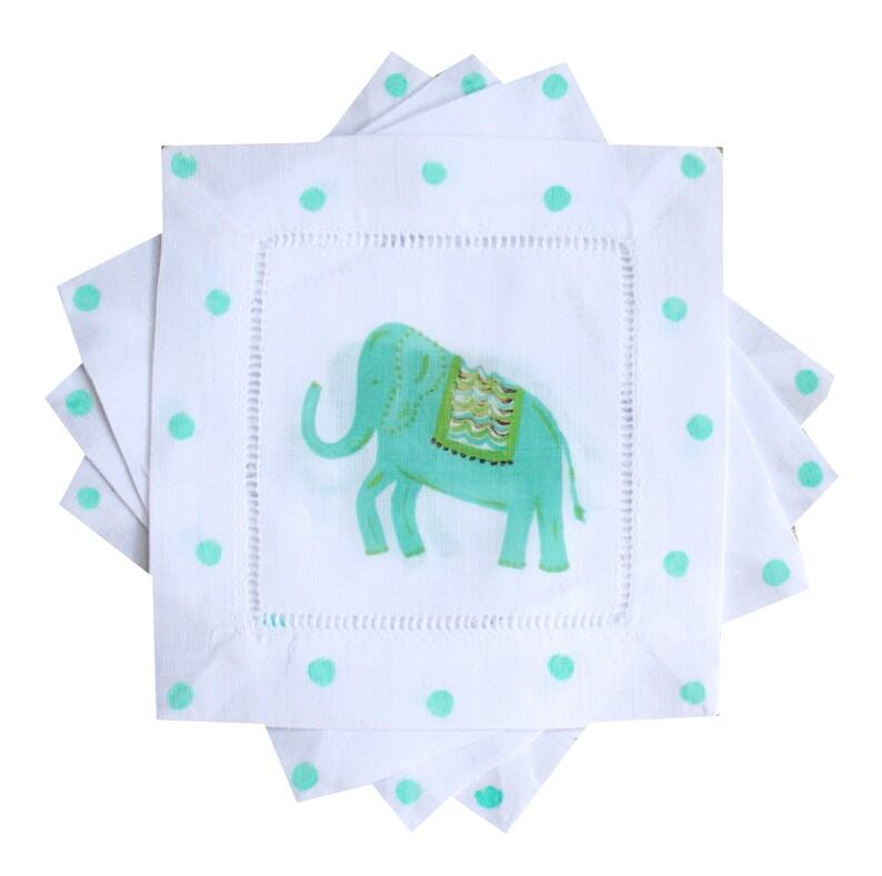 Turquoise Elephant Linen Cocktail Napkins imagem 1