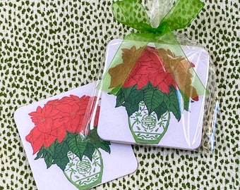 Chinoiserie Christmas Poinsettia Coasters | Holiday Hostess Gift |