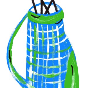 May include: A blue and green plaid golf bag with a black handle and five red golf club heads sticking out of the top.
