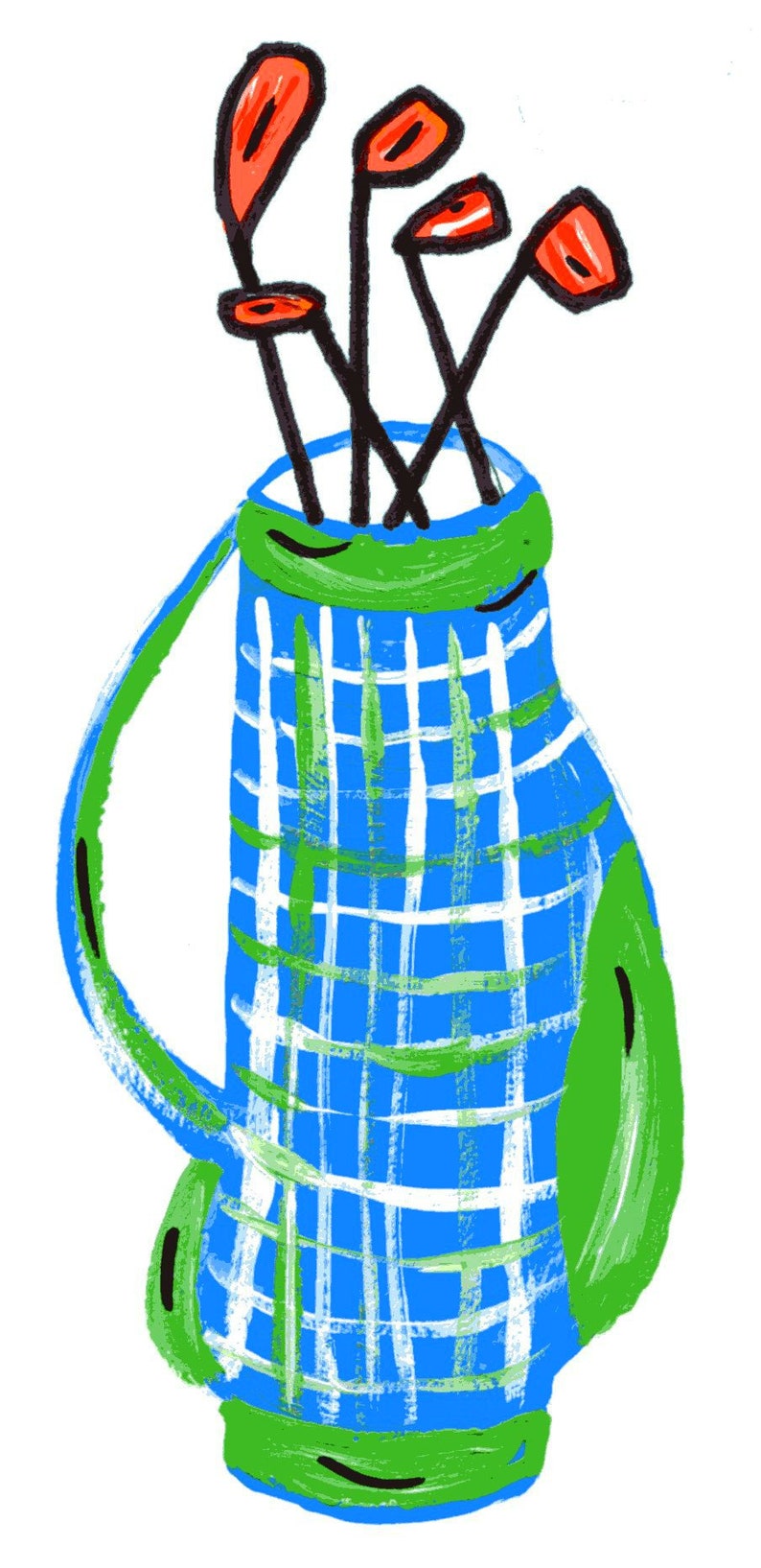May include: A blue and green plaid golf bag with a black handle and five red golf club heads sticking out of the top.