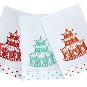 Chinoiserie Pagoda Linen Guest Towel Hostess Gift