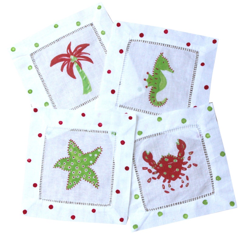 Coastal Christmas Linen Cocktail Napkins Seahorse Palm Tree Etsy