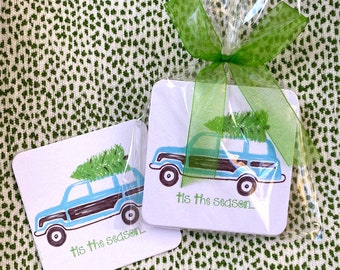 Tis the Season Woody Wagon Holiday Paper Coasters | Holiday Hostess Gift |
