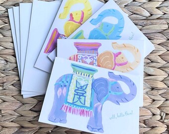 Well Hello There!  Chinoiserie Elephant l Note Card Set of 4 Beach Note Card