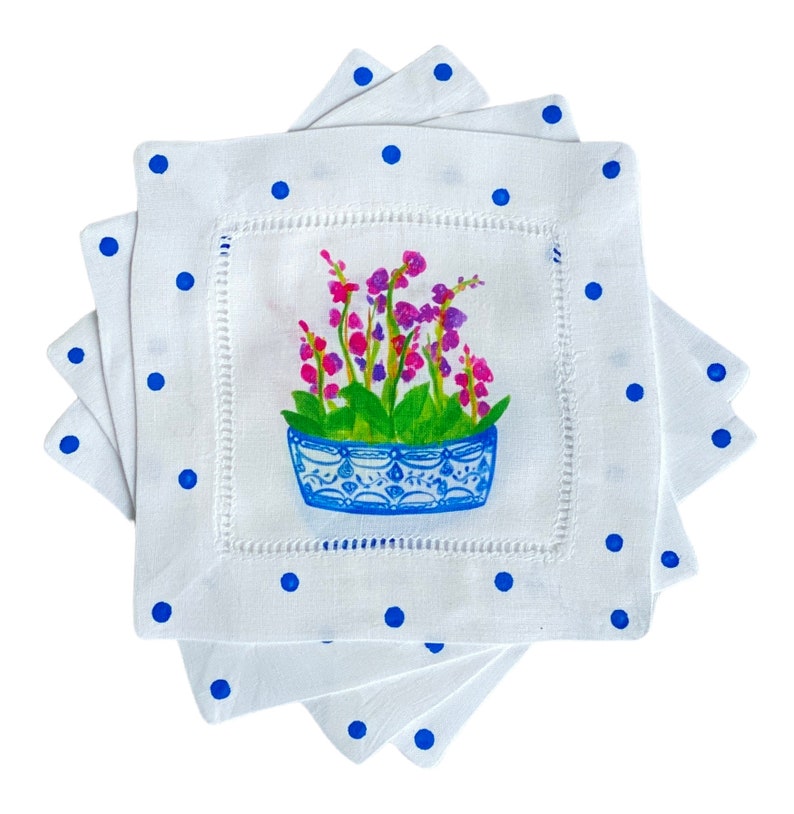 Lemondaisy Design Chinoiserie Orchid Linen Cocktail Napkins - Thumbnail 4