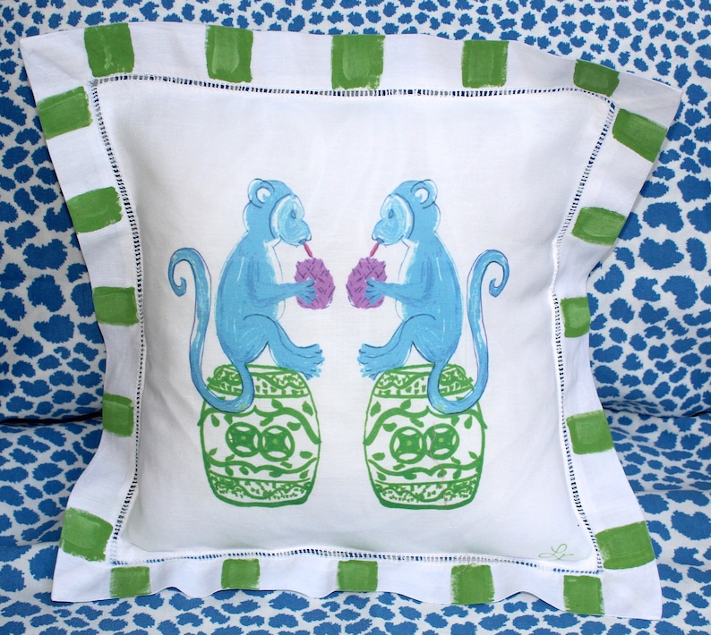 Lemondaisy Design Chinoiserie Monkey Linen Pillow - Thumbnail 2