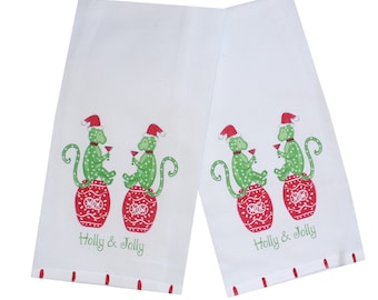 Holly Jolly Chinoiserie Monkeys Holiday Tea Towel
