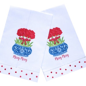 Christmas Amaryllis Chinoiserie Linen Guest Towels