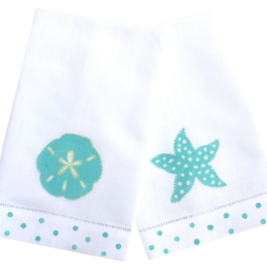 Aqua Sea Shell Linen Guest Towel Set: Coastal Powder Room Decor