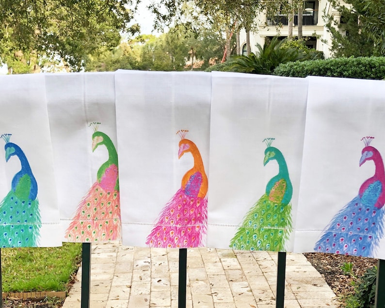 Colorful Peacock Linen Guest Towel - Thumbnail 4