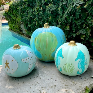 Small Coastal Painted Pumpkins Turquoise Crab, Octopus Sand Dollar Starfish