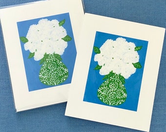 White Hydrangeas in Green Chinoiserie Vase Art Print 8x10