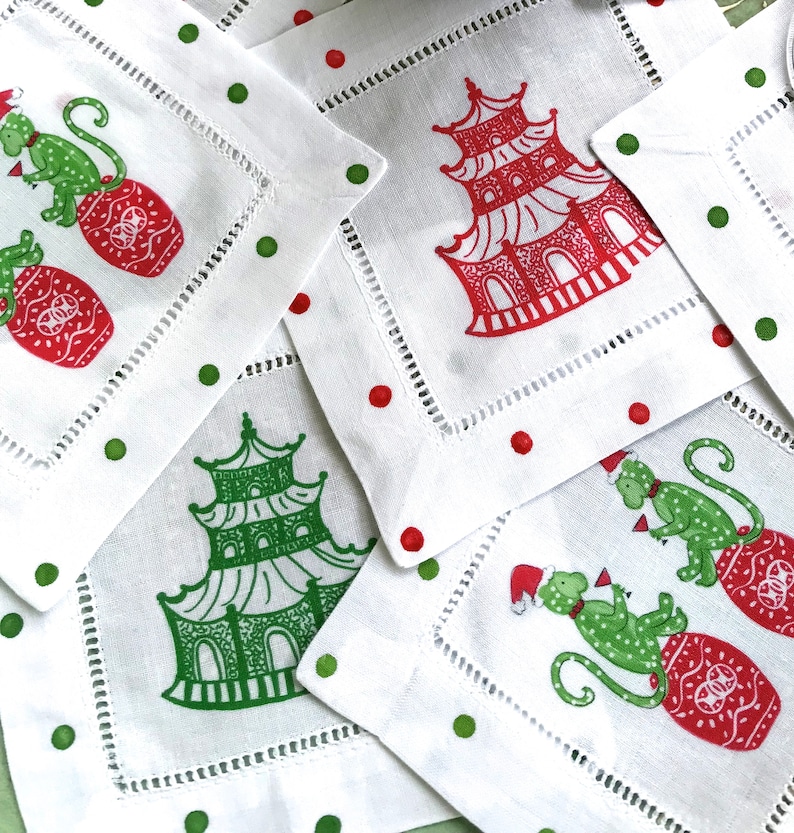 Holiday Chinoiserie Pagoda Linen Cocktail Napkins