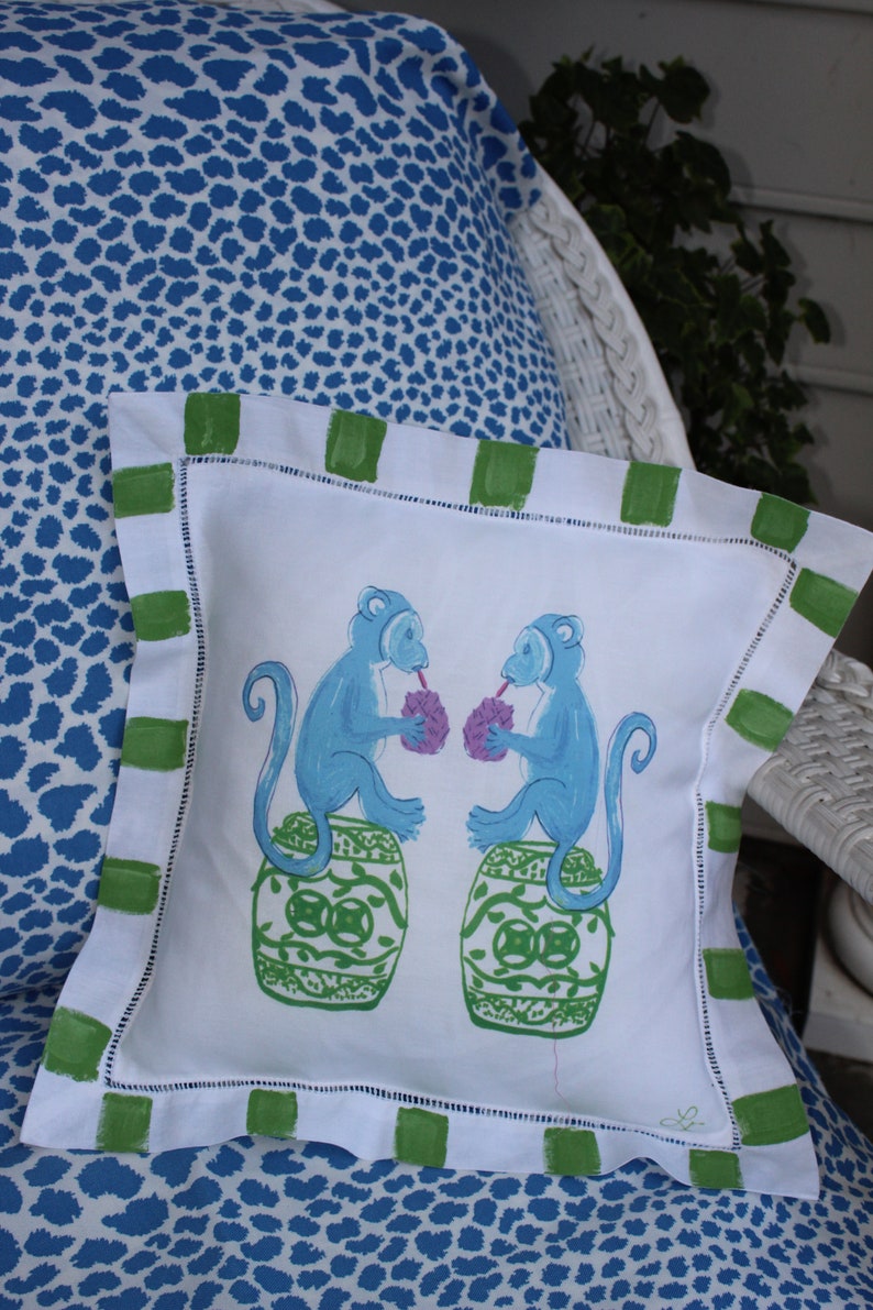Lemondaisy Design Chinoiserie Monkey Linen Pillow