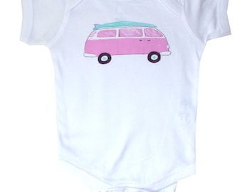 Surfs Up V...W Surfboard Van Beach Baby Cotton Creeper