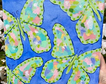 Green Butterflies on Blue Canvas Original Art