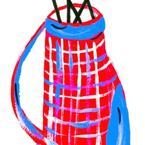 May include: A red and blue plaid golf bag with a blue handle and four yellow golf clubs sticking out of the top.