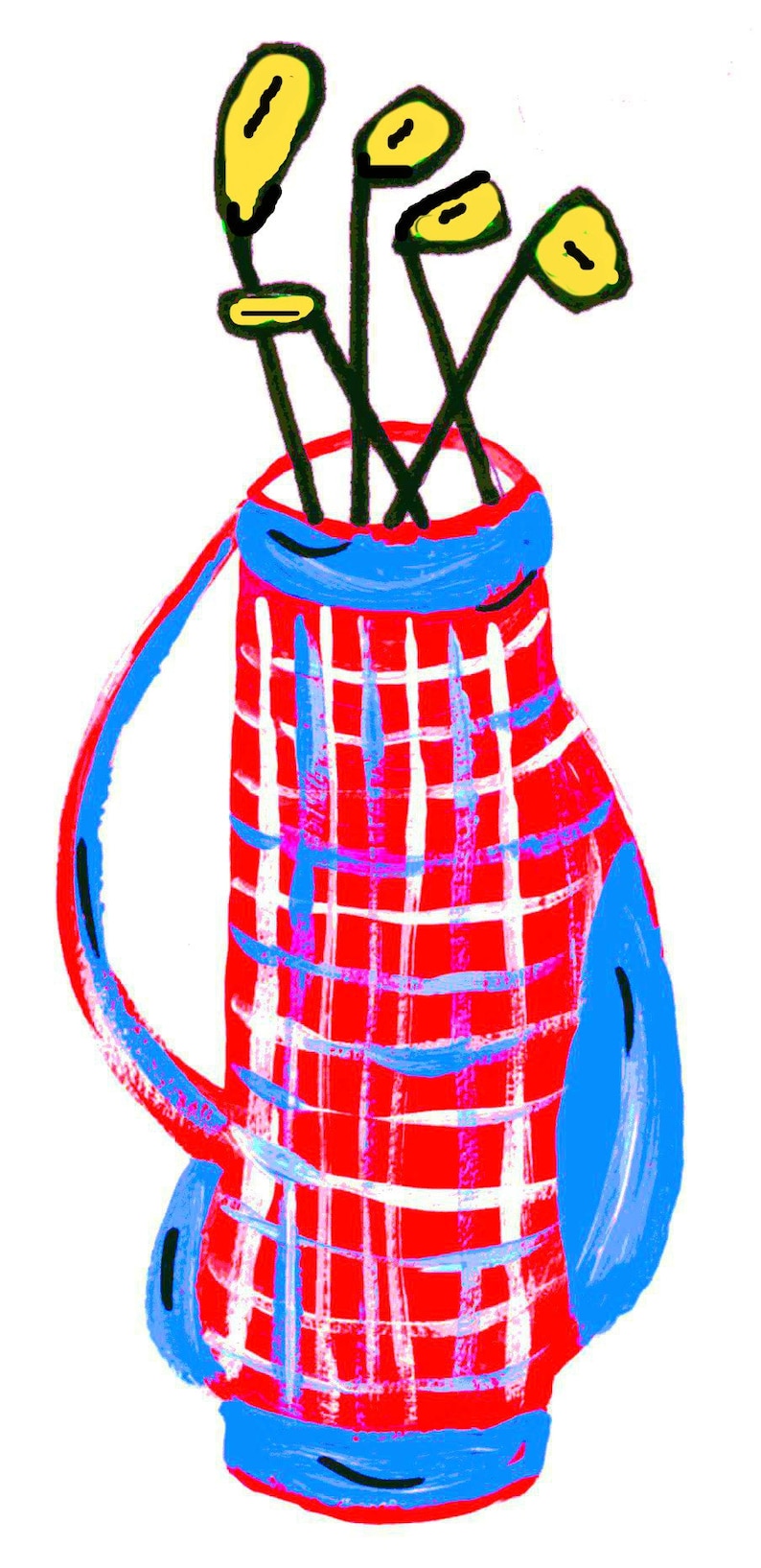 May include: A red and blue plaid golf bag with a blue handle and four yellow golf clubs sticking out of the top.