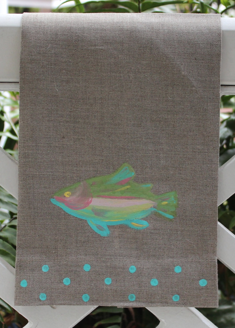 Hand Painted Rainbow Trout Linen Guest Towel - Thumbnail 5