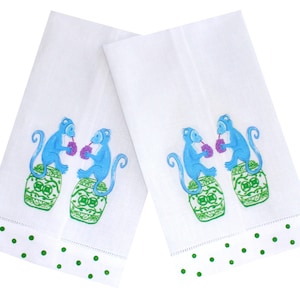 Blue Chinoiserie Monkey Linen Guest Towel