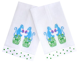 Blue Chinoiserie Monkey Linen Guest Towel