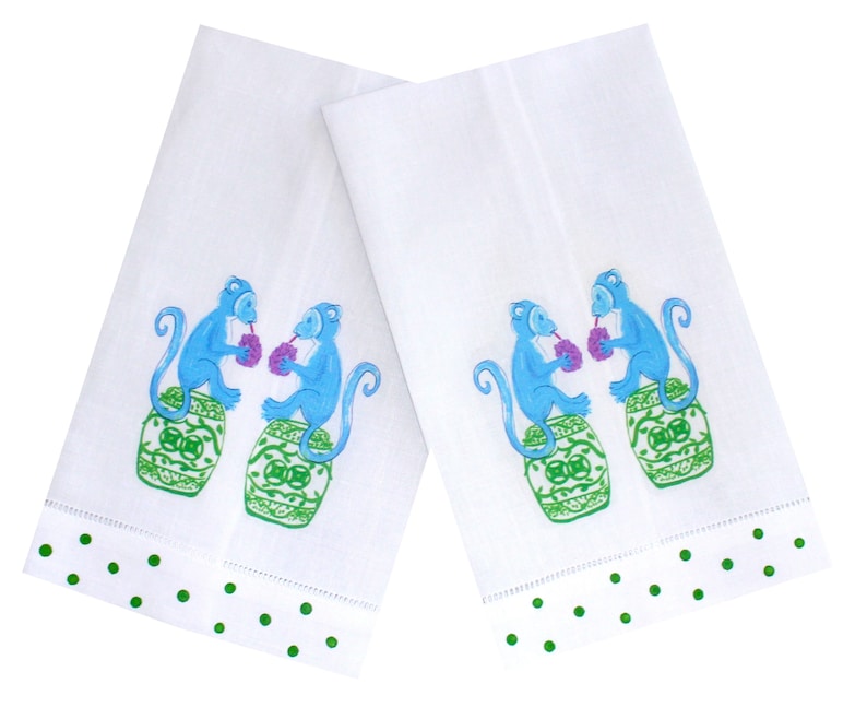Chinoiserie Monkey Linen Guest Towel