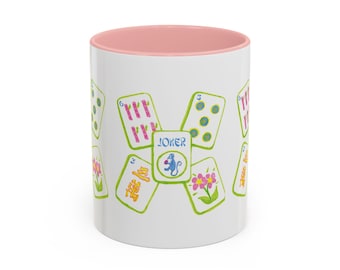 Pink and Green Mahjong Coffee Mug, , Mahjong Lover Gift, Unique Ceramic Mug, Mahjong Player Present