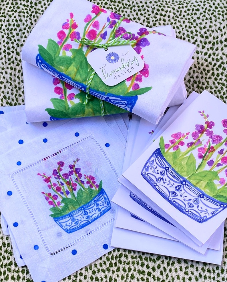 Lemondaisy Design Chinoiserie Orchid Linen Cocktail Napkins - Thumbnail 5