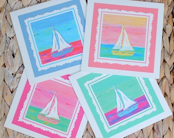 Tarjetas de notas recortadas a mano con diseño náutico de velero colorido