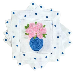 Chinoiserie Vase of Pink Peonies Linen Cocktail Napkins Hostess Gift Mothers Day Gift Ideas