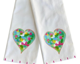 Valentines Day Tea Towel  Abstract Heart Kitchen Towel Bridal Shower Hostess Gift