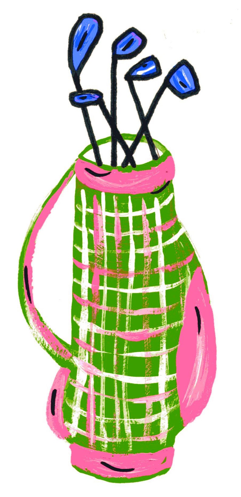 May include: A green and pink plaid golf bag with a pink handle and four blue golf clubs sticking out of the top.