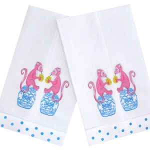 Pink Monkey Chinoiserie Linen Guest Towel