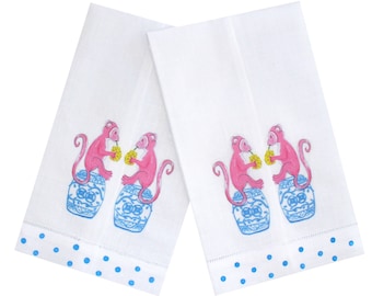 Pink Monkey Chinoiserie Linen Guest Towel