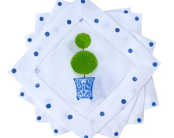 Chinoiserie Topiary Linen Cocktail Napkin Set
