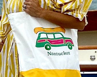 Yellow or Green Woody Wagon  Cotton Tote Bag/ Personalize it