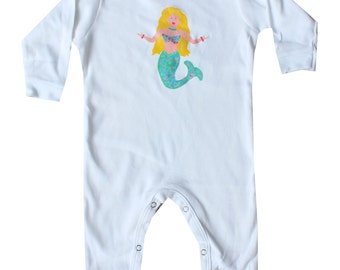 Teal sirena sirena playa bebé manga larga Romper bebé regalo personalizado