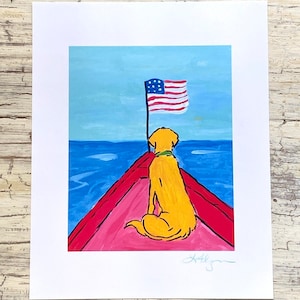Patriotic Golden Retriever Boat Dog Art Print 8x10